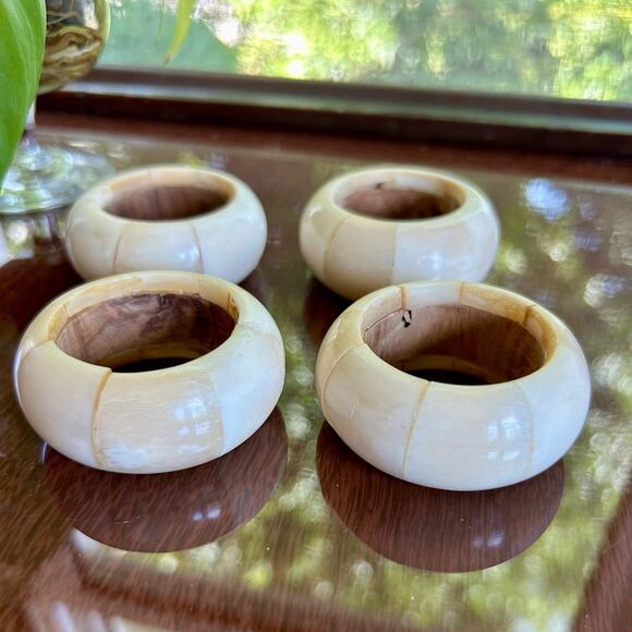 Vintage AUDREY Napkin Rings Soap Stone with Wood Core Set of 4 - Picture 2 of 11